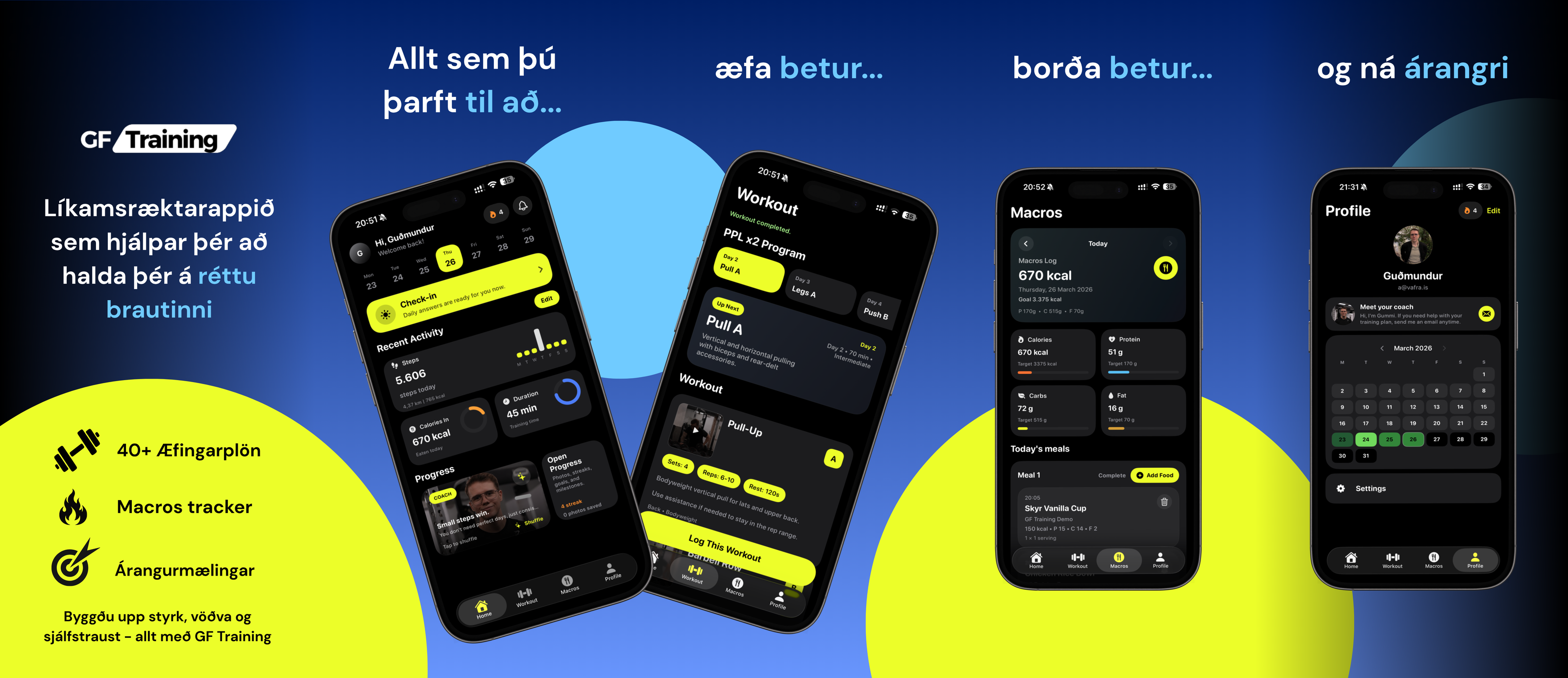 GF Training fitness app — æfingar, næring og framfarir