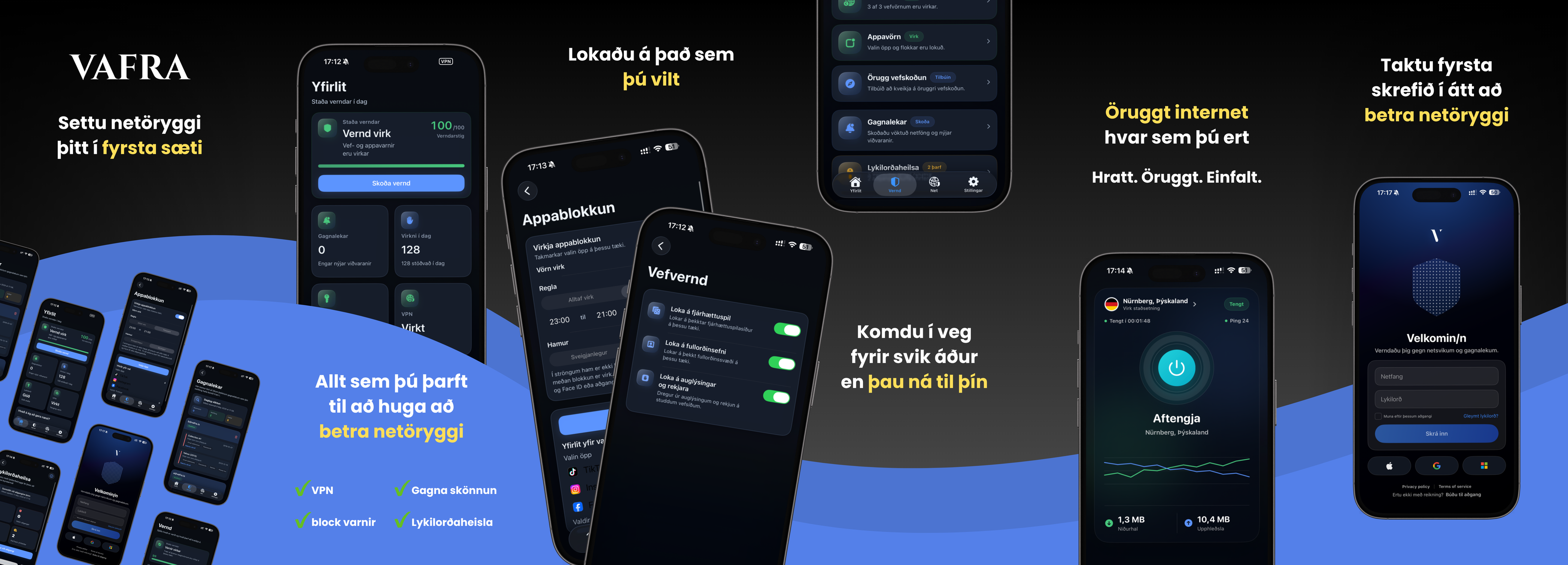 VAFRA öryggisapp — VPN, vefvörn og öryggisyfirlit